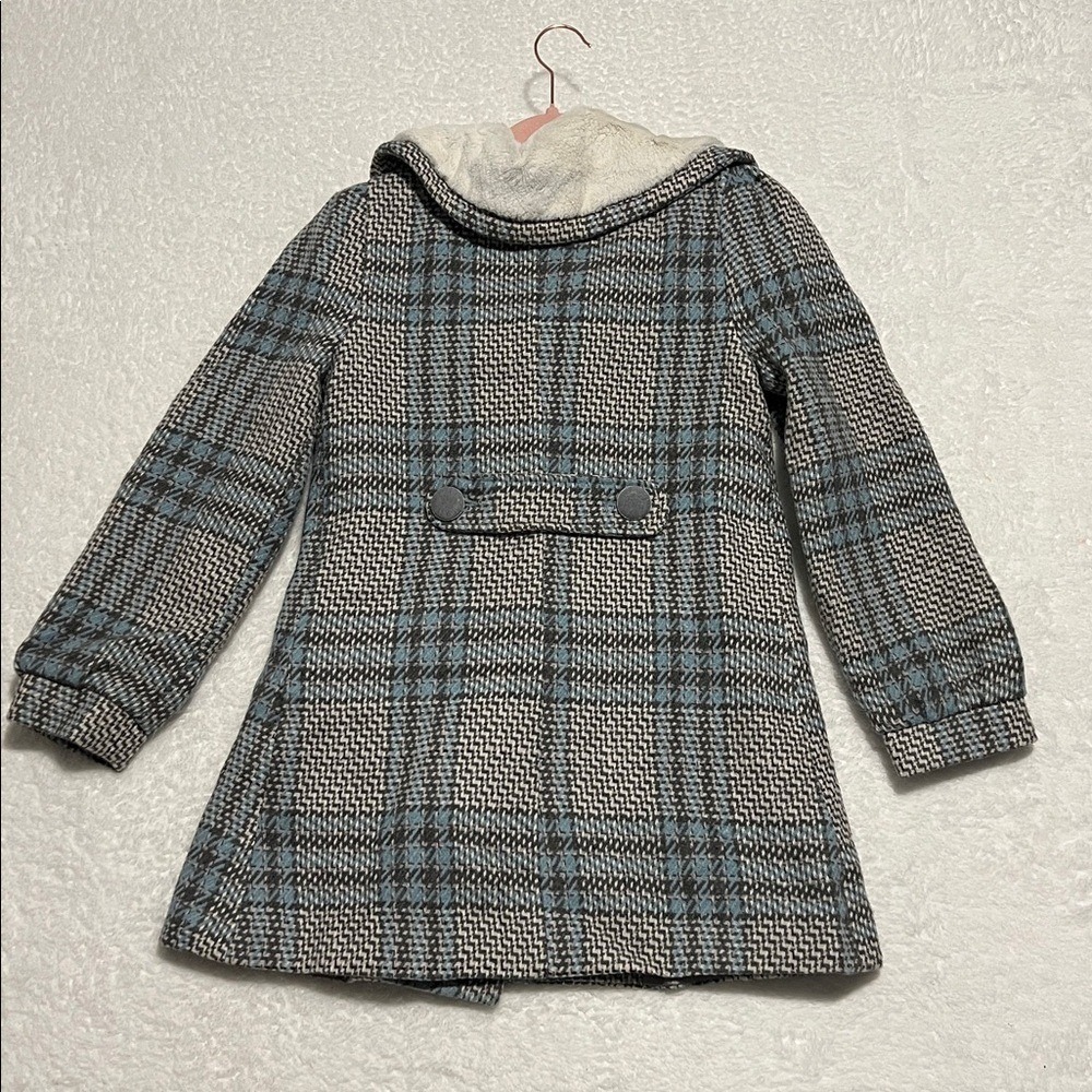 CHERRYKOKO Women's Blue and‎ Grey Plaid  Double Breasted Coat Faux Fur Collar S - Picture 8 of 10